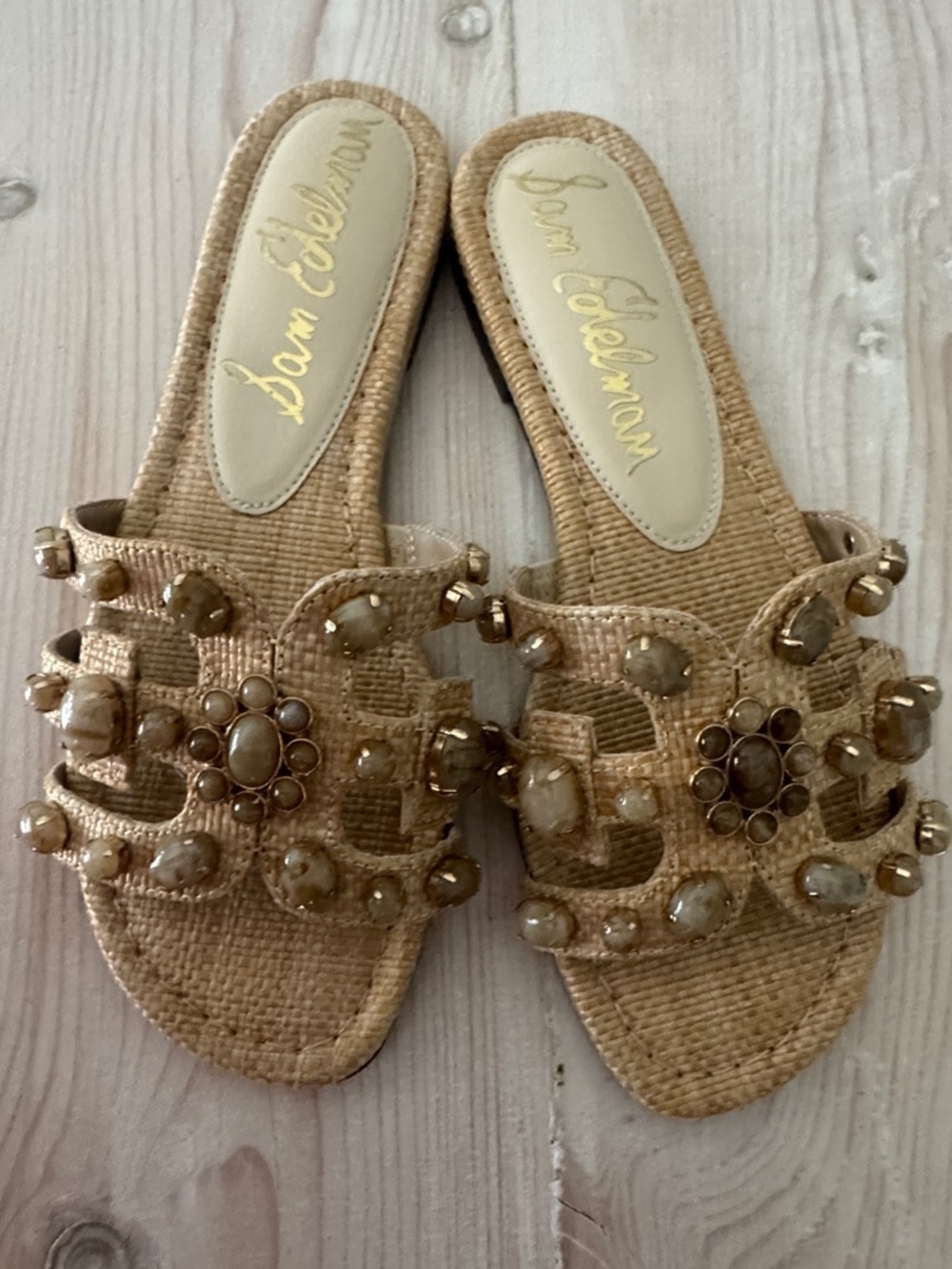 Sam Edelman Jeweled Straw Slide Sandal in Beige - Picture 2 of 6